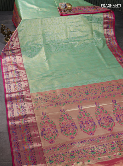 Tissue paithani silk saree light green and pink with allover silver zari woven brocade weaves and zari woven paithani style border