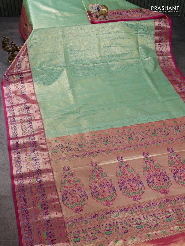 Tissue paithani silk saree light green and pink with allover silver zari woven brocade weaves and zari woven paithani style border