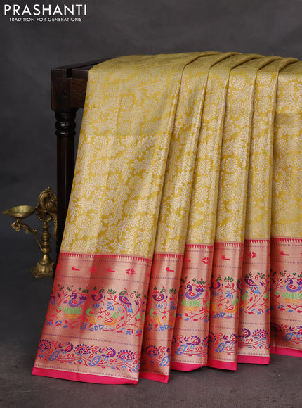 Tissue paithani silk saree mustard yellow and pink with allover silver zari woven brocade weaves and zari woven paithani style border
