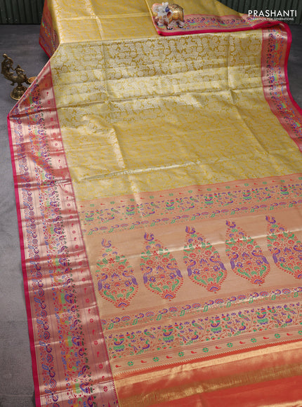 Tissue paithani silk saree mustard yellow and pink with allover silver zari woven brocade weaves and zari woven paithani style border