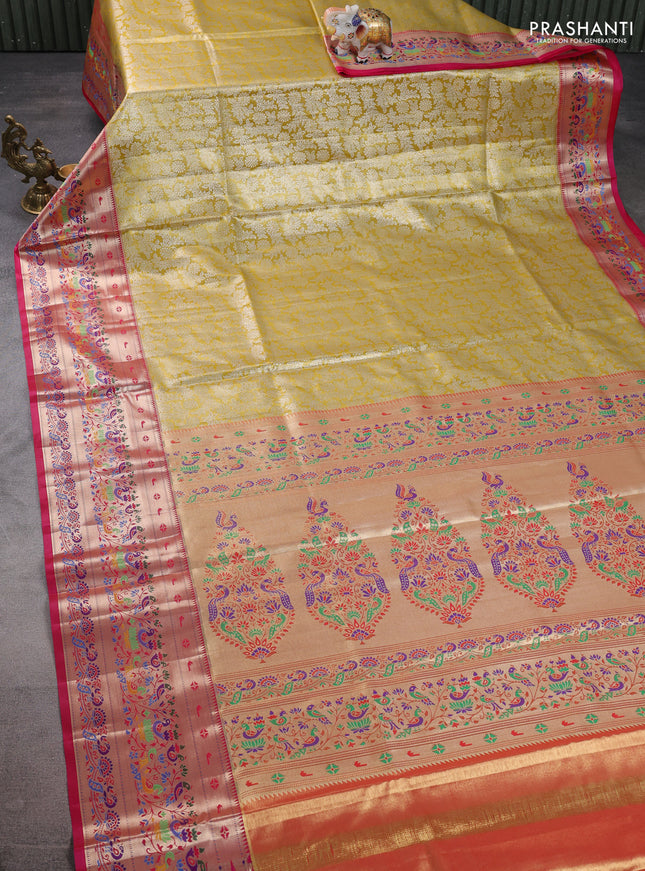 Tissue paithani silk saree mustard yellow and pink with allover silver zari woven brocade weaves and zari woven paithani style border