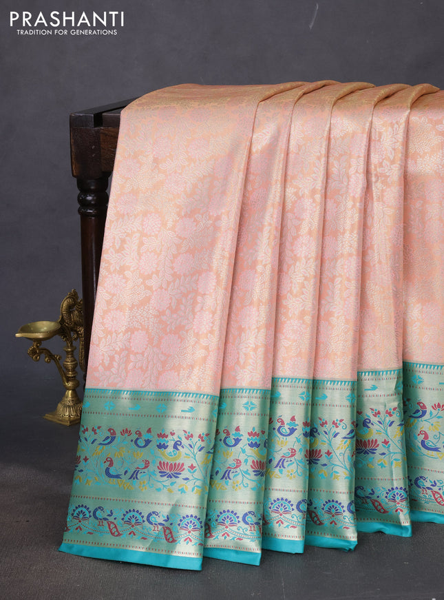 Tissue paithani silk saree peach shade and teal blue with allover silver zari woven brocade weaves and zari woven paithani style border