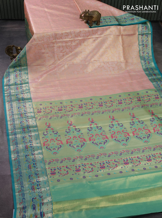 Tissue paithani silk saree peach shade and teal blue with allover silver zari woven brocade weaves and zari woven paithani style border
