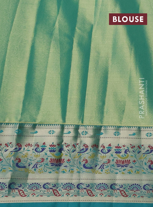 Tissue paithani silk saree peach shade and teal blue with allover silver zari woven brocade weaves and zari woven paithani style border
