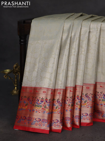 Tissue paithani silk saree cream and red with allover silver zari woven brocade weaves and zari woven paithani style border