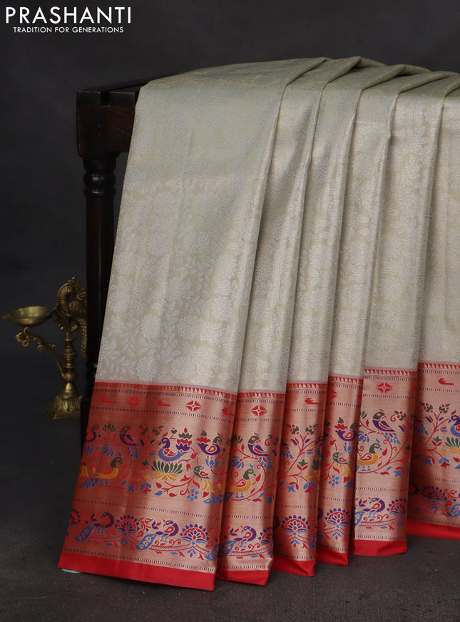 Tissue paithani silk saree cream and red with allover silver zari woven brocade weaves and zari woven paithani style border