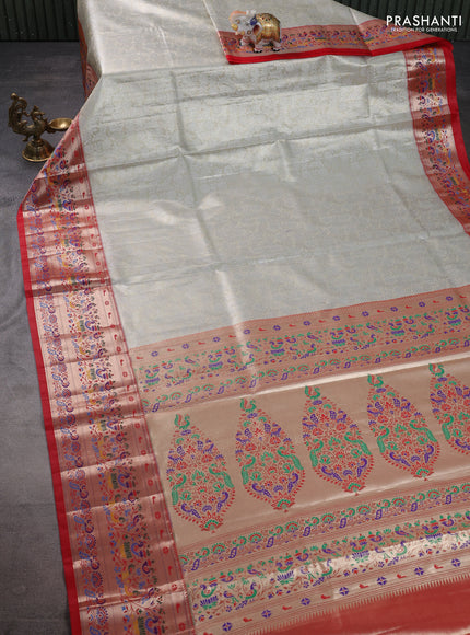 Tissue paithani silk saree cream and red with allover silver zari woven brocade weaves and zari woven paithani style border