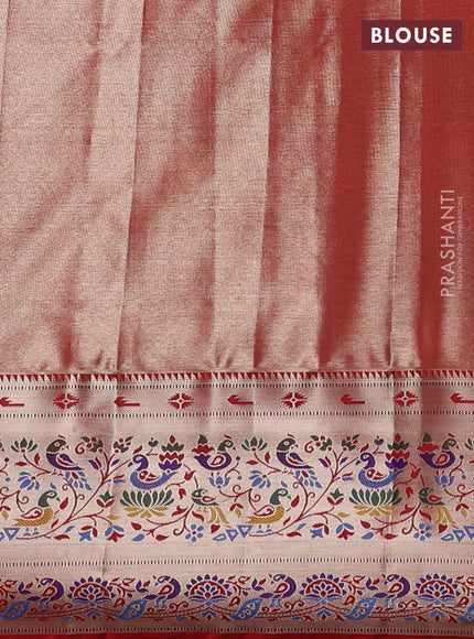 Tissue paithani silk saree cream and red with allover silver zari woven brocade weaves and zari woven paithani style border