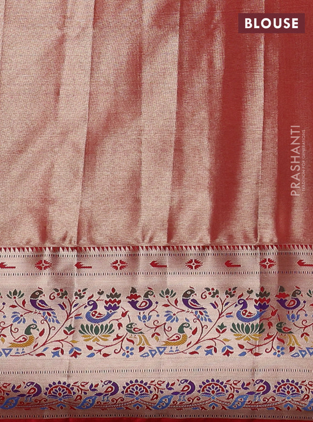 Tissue paithani silk saree cream and red with allover silver zari woven brocade weaves and zari woven paithani style border