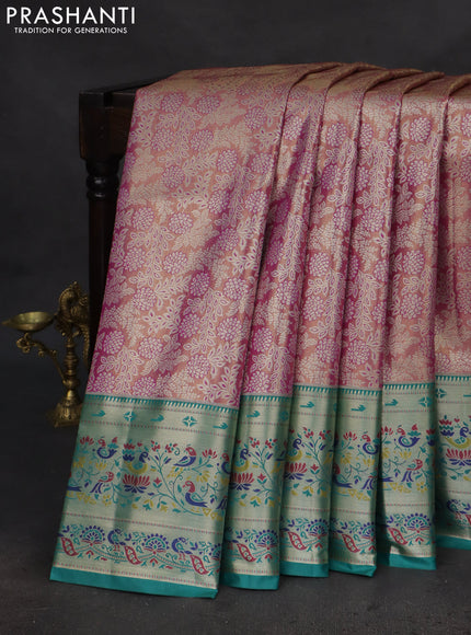 Tissue paithani silk saree purple and teal green with allover silver zari woven brocade weaves and zari woven paithani style border