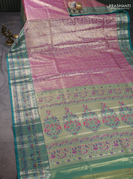 Tissue paithani silk saree purple and teal green with allover silver zari woven brocade weaves and zari woven paithani style border