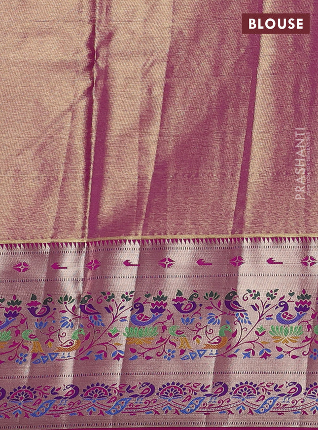 Tissue paithani silk saree cream and purple with allover silver zari woven brocade weaves and zari woven paithani style border