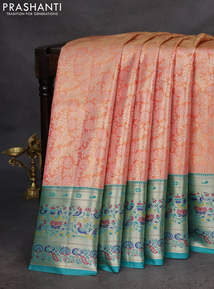 Tissue paithani silk saree peach shade and teal green with allover silver zari woven brocade weaves and zari woven paithani style border