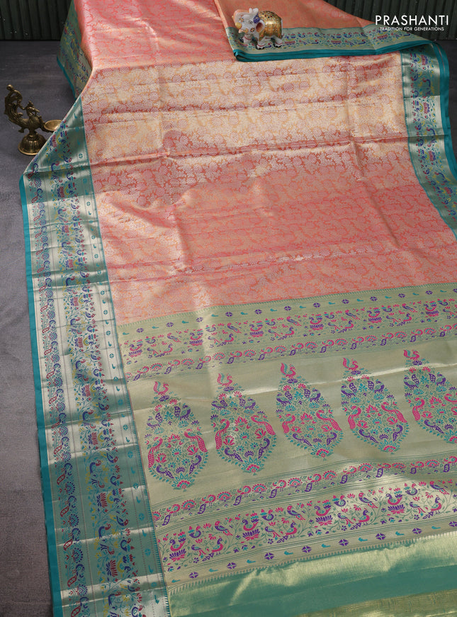 Tissue paithani silk saree peach shade and teal green with allover silver zari woven brocade weaves and zari woven paithani style border