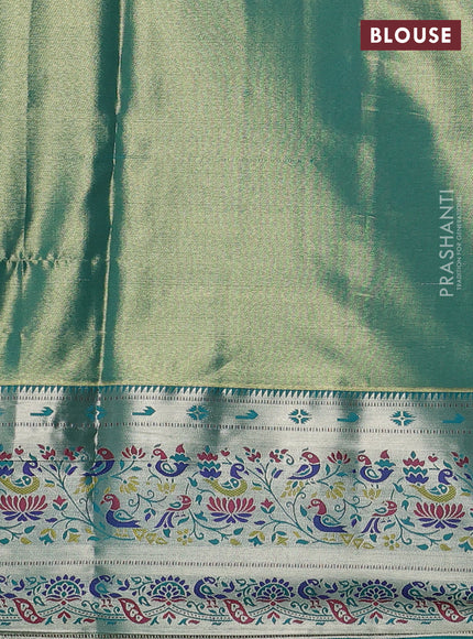 Tissue paithani silk saree peach shade and teal green with allover silver zari woven brocade weaves and zari woven paithani style border