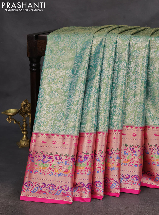 Tissue paithani silk saree green and pink with allover silver zari woven brocade weaves and zari woven paithani style border