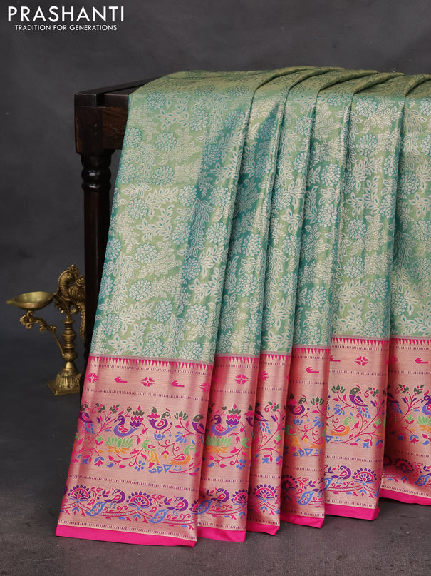 Tissue paithani silk saree green and pink with allover silver zari woven brocade weaves and zari woven paithani style border