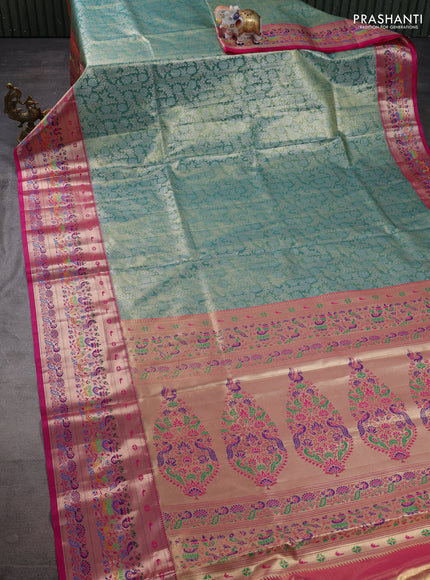 Tissue paithani silk saree green and pink with allover silver zari woven brocade weaves and zari woven paithani style border