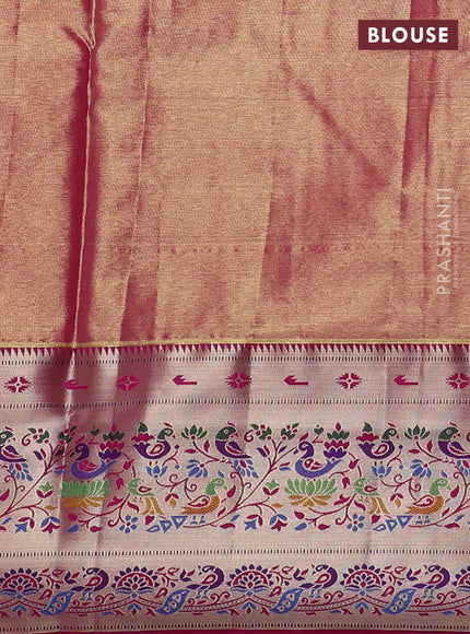 Tissue paithani silk saree green and pink with allover silver zari woven brocade weaves and zari woven paithani style border