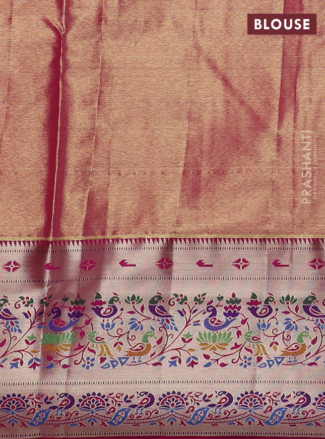 Tissue paithani silk saree green and pink with allover silver zari woven brocade weaves and zari woven paithani style border