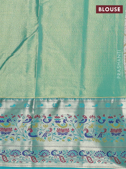 Tissue paithani silk saree cream and teal green with allover silver zari woven brocade weaves and zari woven paithani style border
