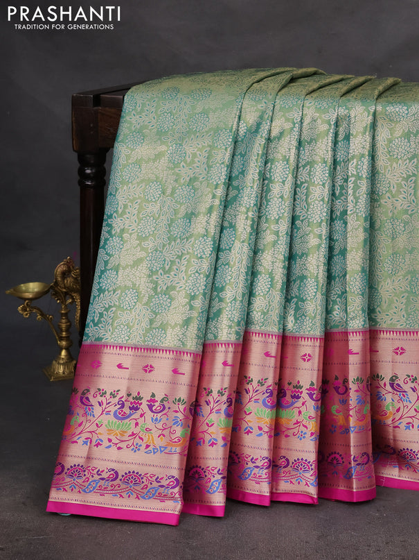 Tissue paithani silk saree green and magenta pink with allover silver zari woven brocade weaves and zari woven paithani style border