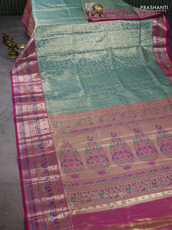 Tissue paithani silk saree green and magenta pink with allover silver zari woven brocade weaves and zari woven paithani style border