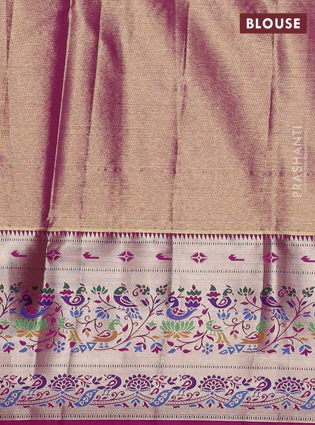 Tissue paithani silk saree green and magenta pink with allover silver zari woven brocade weaves and zari woven paithani style border