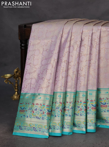 Tissue paithani silk saree lavender and teal green with allover silver zari woven brocade weaves and zari woven paithani style border