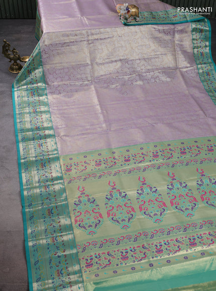 Tissue paithani silk saree lavender and teal green with allover silver zari woven brocade weaves and zari woven paithani style border