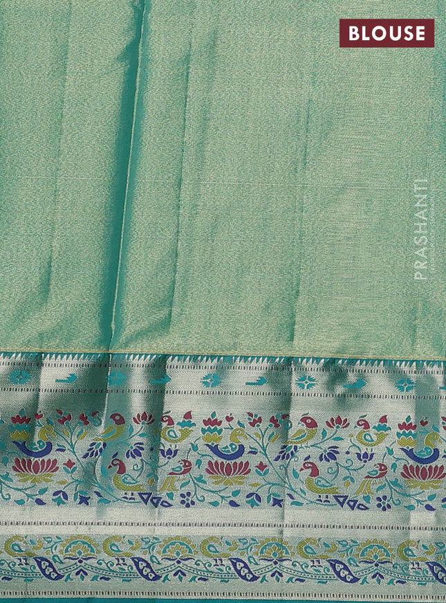 Tissue paithani silk saree lavender and teal green with allover silver zari woven brocade weaves and zari woven paithani style border