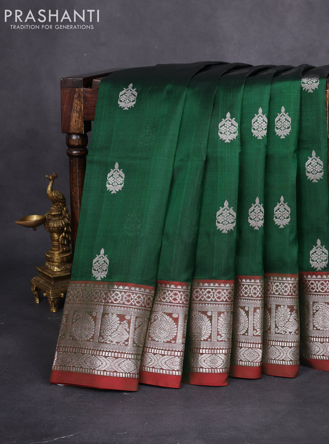 Venkatagiri silk saree dark green and dual shade of greenish red with silver zari woven buttas and silver zari woven border