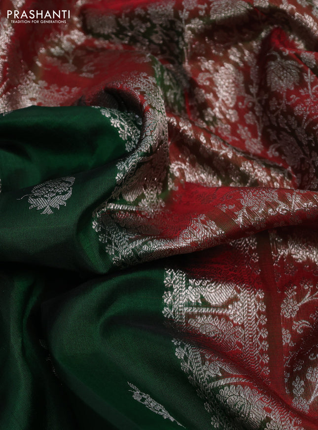 Venkatagiri silk saree dark green and dual shade of greenish red with silver zari woven buttas and silver zari woven border