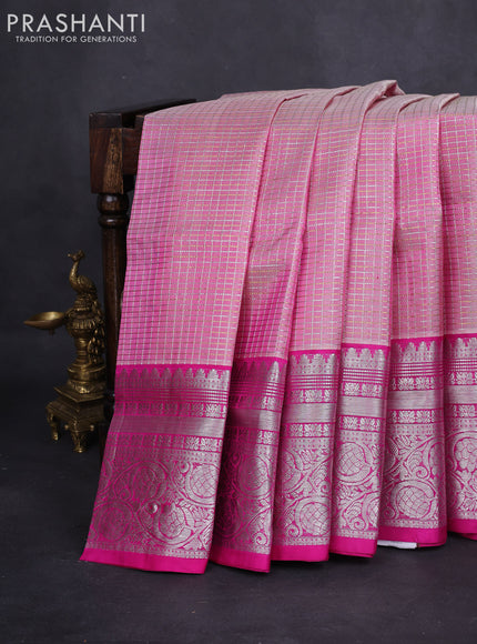 Venkatagiri silk saree pastel pink and pink with allover silver & gold zari checked pattern and long silver zari woven border