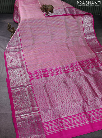 Venkatagiri silk saree pastel pink and pink with allover silver & gold zari checked pattern and long silver zari woven border