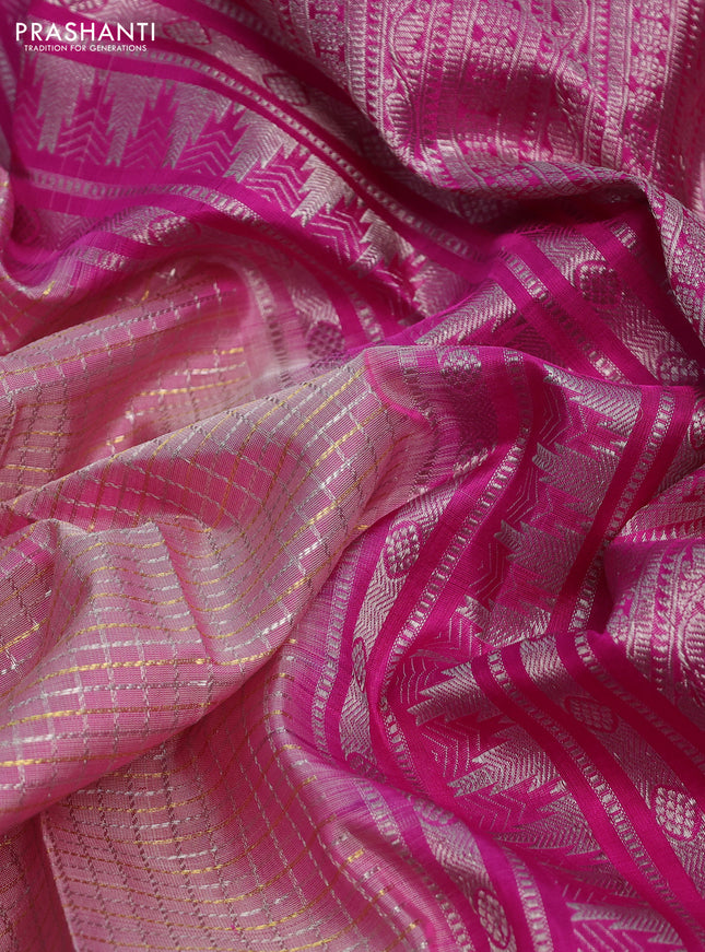 Venkatagiri silk saree pastel pink and pink with allover silver & gold zari checked pattern and long silver zari woven border