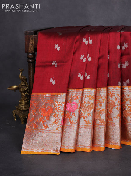 Venkatagiri silk saree maroon and mustard yellow with silver zari woven buttas and long rich zari woven border