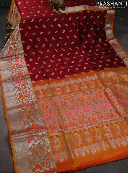 Venkatagiri silk saree maroon and mustard yellow with silver zari woven buttas and long rich zari woven border