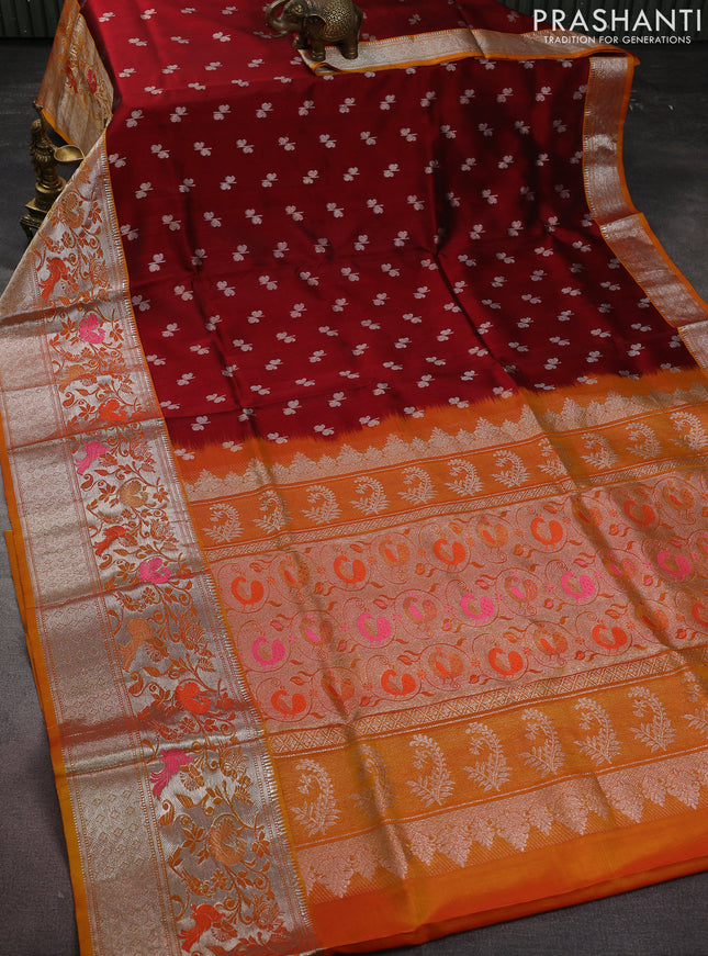 Venkatagiri silk saree maroon and mustard yellow with silver zari woven buttas and long rich zari woven border