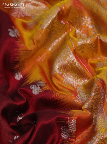 Venkatagiri silk saree maroon and mustard yellow with silver zari woven buttas and long rich zari woven border