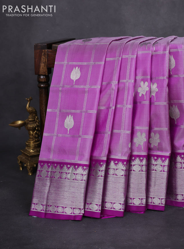 Venkatagiri silk saree lavender and purple with allover silver zari checks & buttas and silver zari woven border
