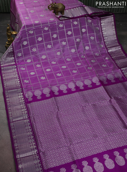 Venkatagiri silk saree lavender and purple with allover silver zari checks & buttas and silver zari woven border