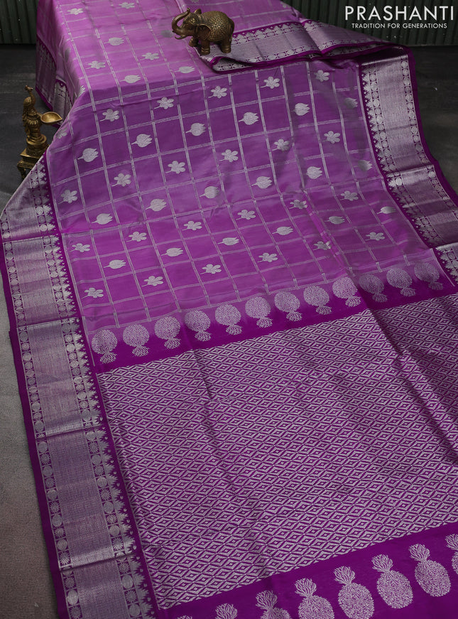 Venkatagiri silk saree lavender and purple with allover silver zari checks & buttas and silver zari woven border