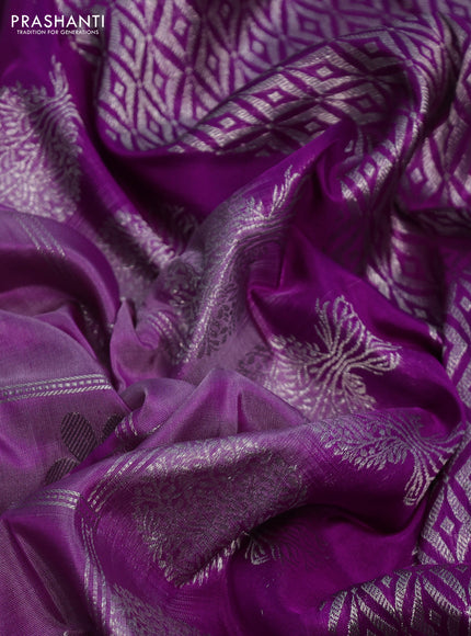 Venkatagiri silk saree lavender and purple with allover silver zari checks & buttas and silver zari woven border