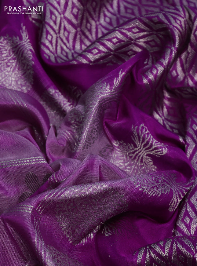 Venkatagiri silk saree lavender and purple with allover silver zari checks & buttas and silver zari woven border