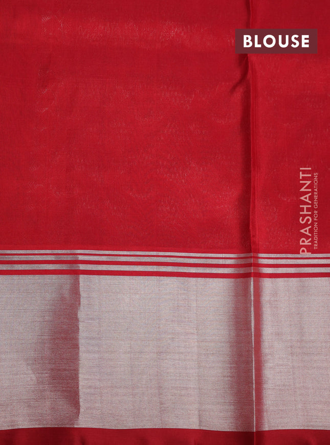 Venkatagiri silk saree dual shade of teal bluish green and red with allover silver zari woven paisley buttas and silver zari woven border