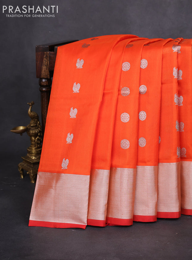 Venkatagiri silk saree orange with silver zari woven buttas and silver zari woven border