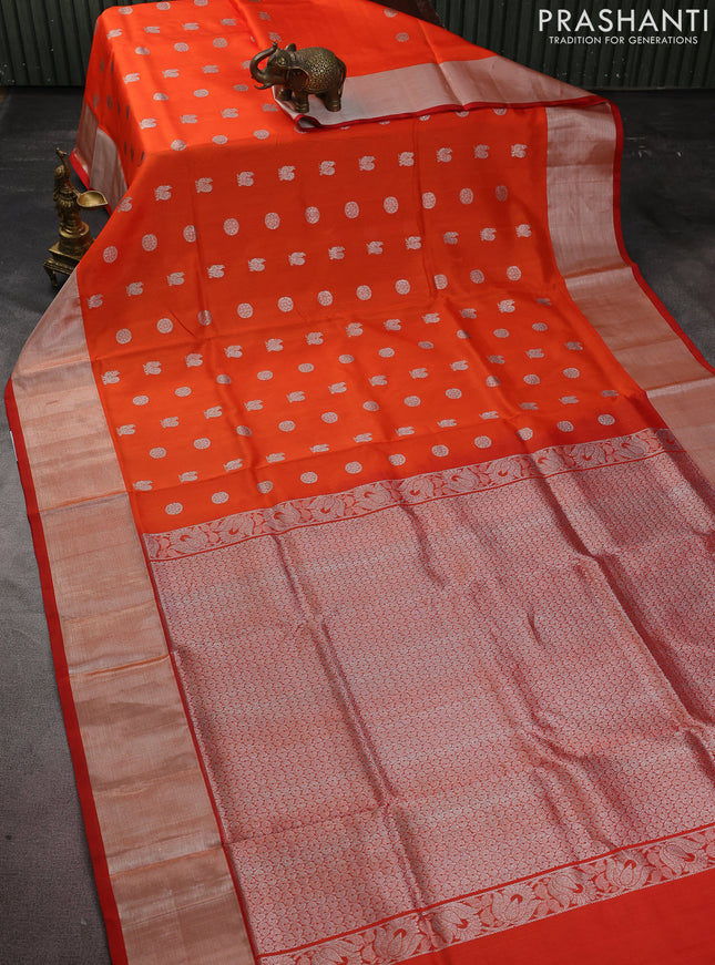 Venkatagiri silk saree orange with silver zari woven buttas and silver zari woven border