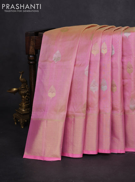 Venkatagiri silk saree peach pink with silver & gold zari woven buttas and zari woven border