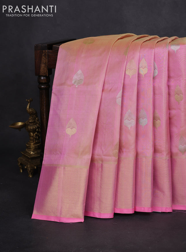 Venkatagiri silk saree peach pink with silver & gold zari woven buttas and zari woven border